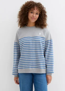 bonprix bonprix Ropa Cómoda>Sudadera oversize de mezcla de algodón Gris claro jaspeado/azul ártico de rayas