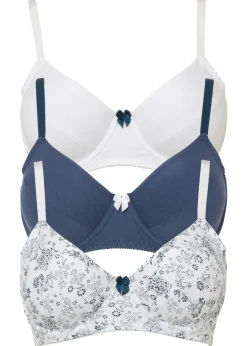 bonprix bonprix Sujetadores De Copa E A H|Ropa Interior De Algodón>Sujetador de algodón con aros (3 unidades) Índigo/blanco de flores + blanco + índigo