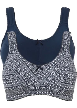 bonprix bonprix Ropa Interior De Algodón|Sujetadores De Copa E A H>Sujetador de algodón orgánico sin aros (2 unidades) Azul oscuro-blanco estampado + azul oscuro
