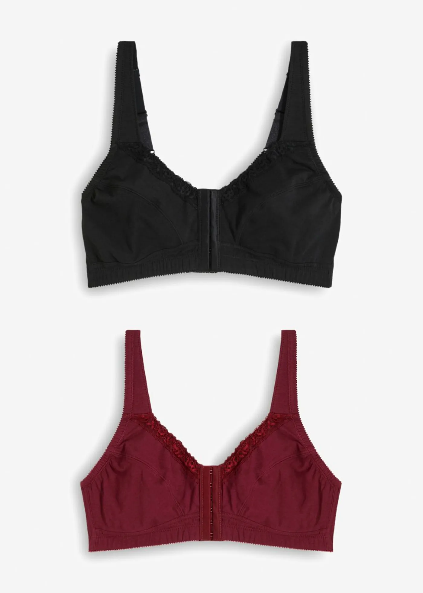 bonprix bonprix Ropa Interior De Algodón|Sujetadores De Copa E A H>Sujetador de cierre frontal, sin aros, con algodón (2 unidades) negro+rojo azalea