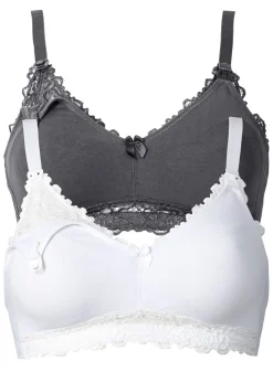 bonprix bonprix Sujetadores De Copa E A H|Sujetadores>Sujetador de lactancia sin aros (2 unidades) de algodón orgánico Gris oscuro-blanco