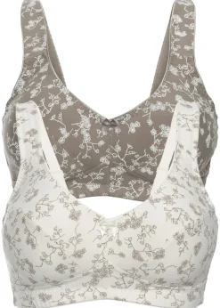 bonprix bonprix Sujetadores De Copa E A H|Ropa Interior De Algodón>Sujetador sin aros con suave algodón orgánico (2 unidades) Blanco lana + marrón grisáceo de flores