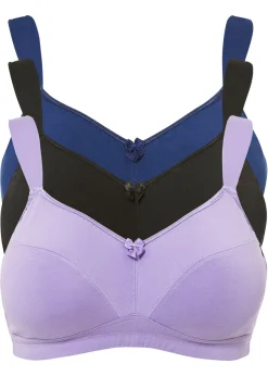 bonprix bonprix Sujetadores|Básicos>Sujetador sin aros de algodón (3 unidades) Lila claro + negro + azul noche