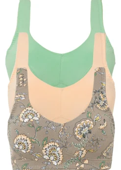 bonprix bonprix Sujetadores|Sujetadores De Copa E A H>Sujetador sin aros de algodón orgánico (3 unidades) Marrón grisáceo con patrón paisley + albaricoque crema + hierbabuena