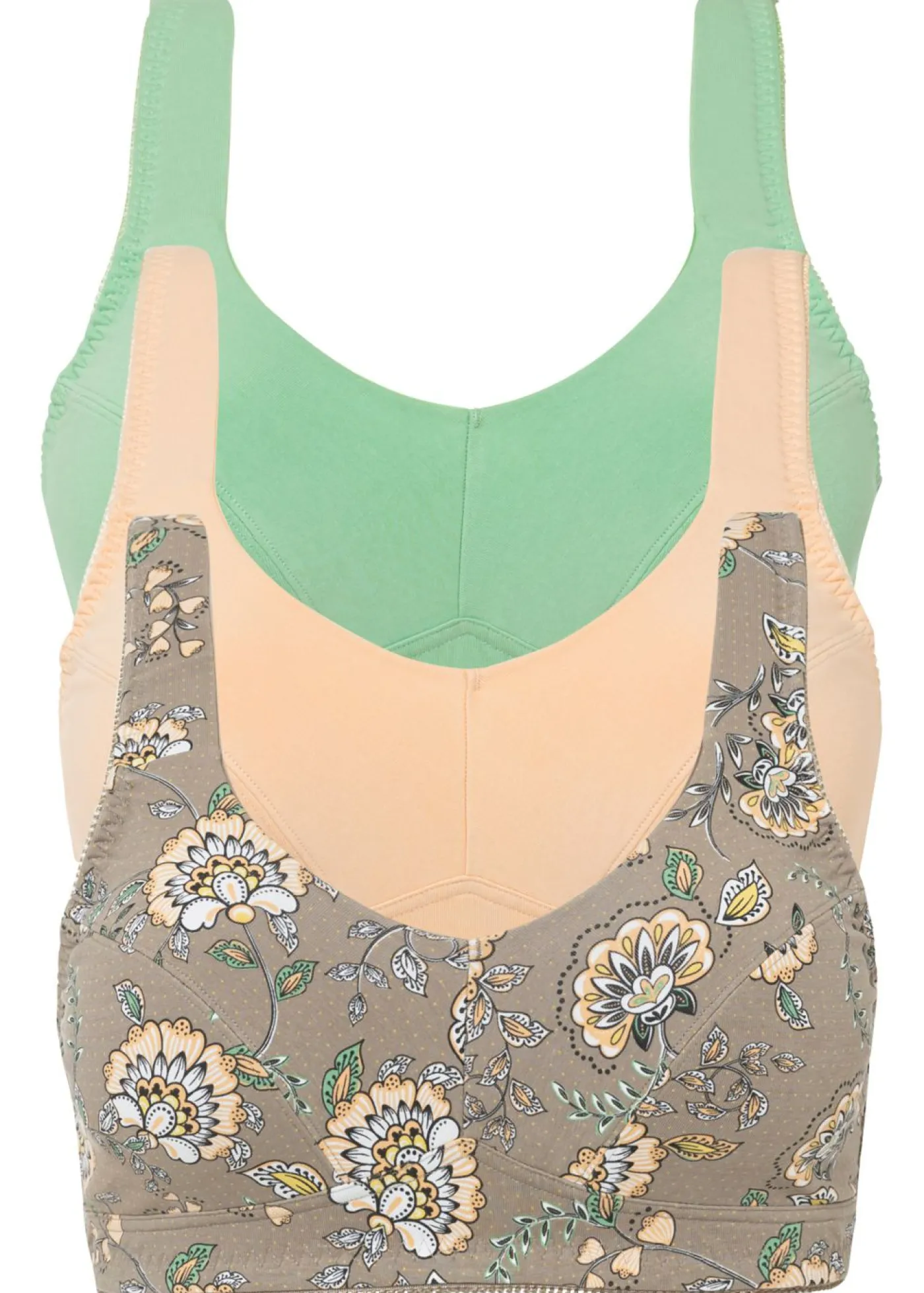 bonprix bonprix Sujetadores|Sujetadores De Copa E A H>Sujetador sin aros de algodón orgánico (3 unidades) Marrón grisáceo con patrón paisley + albaricoque crema + hierbabuena