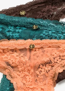 bonprix bonprix Temática·Lencería De Primavera|Lencería>Tanga con encaje de flores (3 unidades) marrón oscuro+papaya suave+verde pimiento