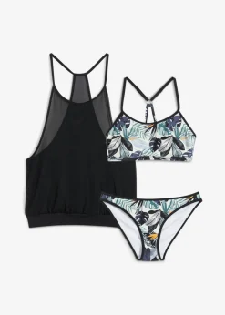 bonprix bonprix Tankinis>Tankini holgado (3 piezas) con top de bikini tipo bustier azul/negro con estampado de flores