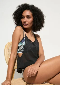 bonprix bonprix Tankinis>Tankini holgado (3 piezas) con top de bikini tipo bustier azul/negro con estampado de flores
