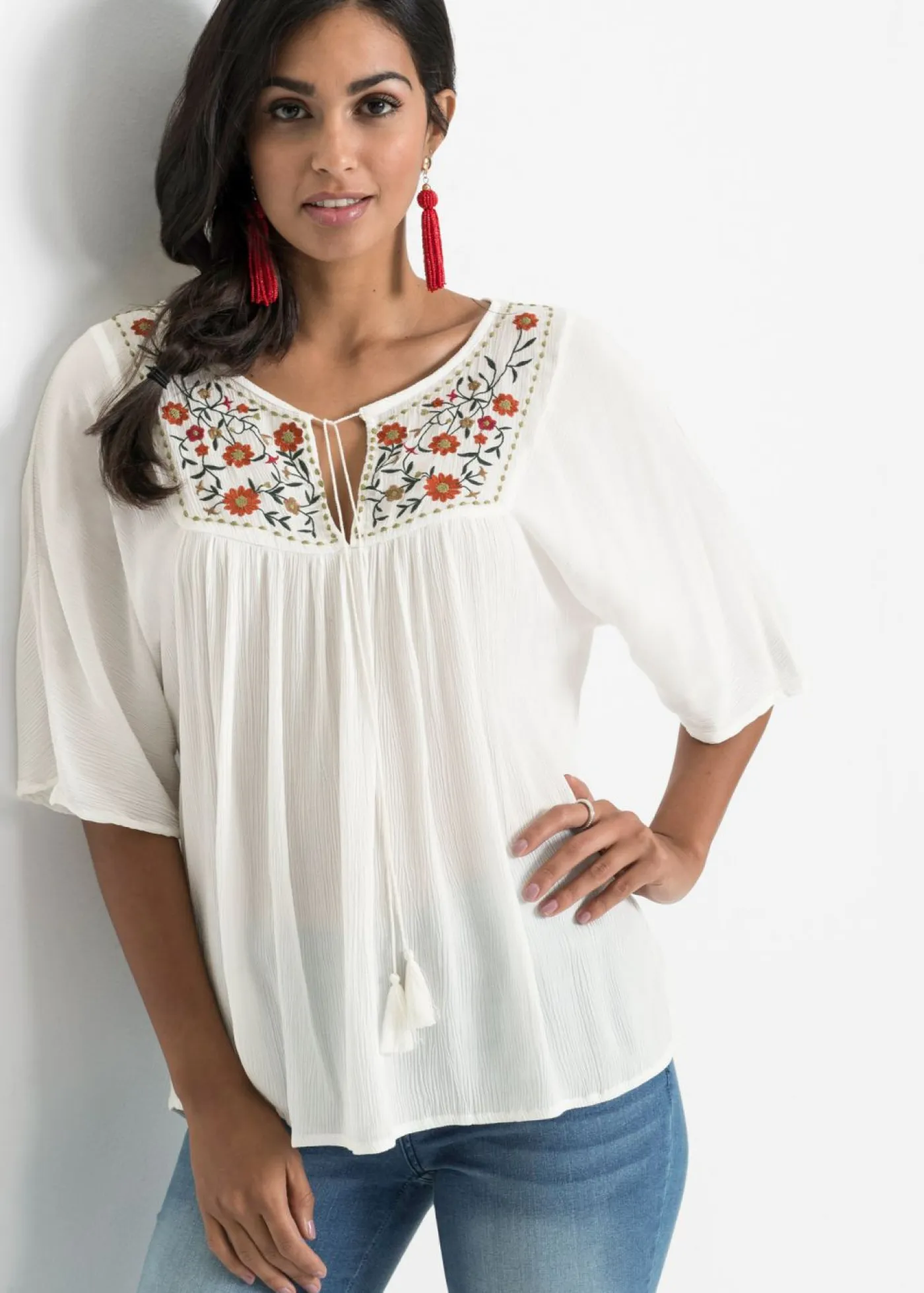 bonprix bonprix Camisas Y Blusas>Túnica arrugada de viscosa suave Blanco lana de flores