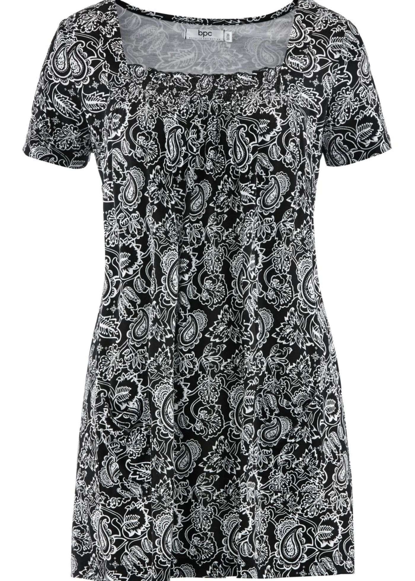 bonprix bonprix Camisetas>Túnica de manga corta Negro-blanco con estampado paisley