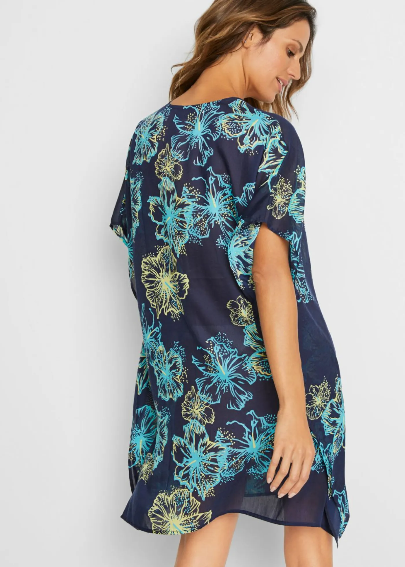 bonprix bonprix Ropa De Playa|Vestidos>Túnica de playa transparente con escote en V azul marino/turquesa de flores