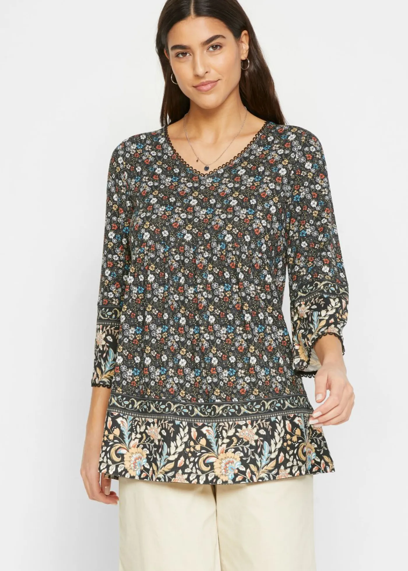 bonprix bonprix Camisas Y Blusas>Túnica de viscosa sostenible negro azul etéreo cayena café con leche beige mate verde oliva claro verde aceite naranja oscuro con flores