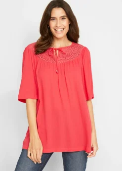 bonprix bonprix Camisas Y Blusas>Túnica larga con efecto arrugado media manga Rosa quisquilla