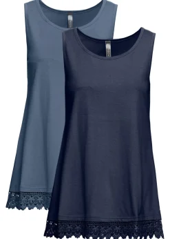 bonprix bonprix Camisetas>Top con encaje (2 unidades) Azul vaquero/azul oscuro