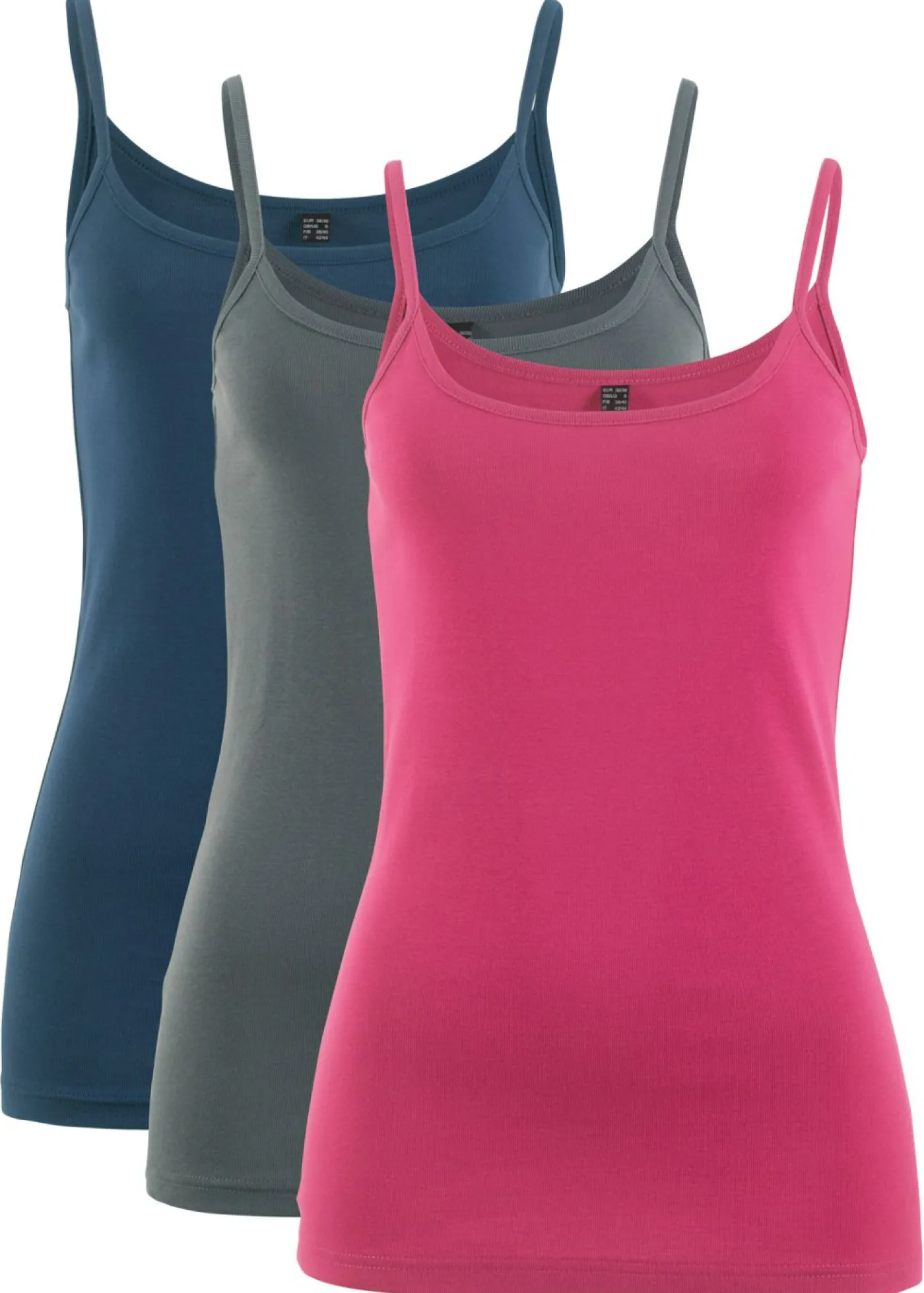 bonprix bonprix Camisetas Interiores|Básicos>Top de algodón puro con tirantes finos (3 unidades) rojo sangría + antracita + azul marino