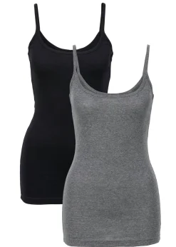 bonprix bonprix Camisetas Interiores|Básicos>Top de algodón puro con tirantes finos (2 unidades) negro-gris moteado