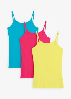 bonprix bonprix Camisetas Interiores|Básicos>Top de algodón puro con tirantes finos (3 unidades) lima claro + rosa oscuro + azul caribe