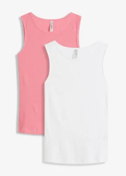 bonprix bonprix Básicos|Camisetas>Top de canalé de algodón orgánico puro (2 unidades) blanco+rosa brillante