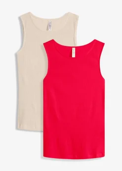 bonprix bonprix Básicos|Camisetas>Top de canalé de algodón orgánico puro (2 unidades) rojo intenso+gris guijarro