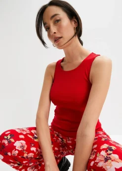 bonprix bonprix Básicos|Camisetas>Top de canalé de algodón orgánico puro (2 unidades) rojo intenso+gris guijarro