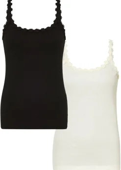 bonprix bonprix Camisetas>Top de canalé de algodón puro (2 unidades) Blanco crema-negro