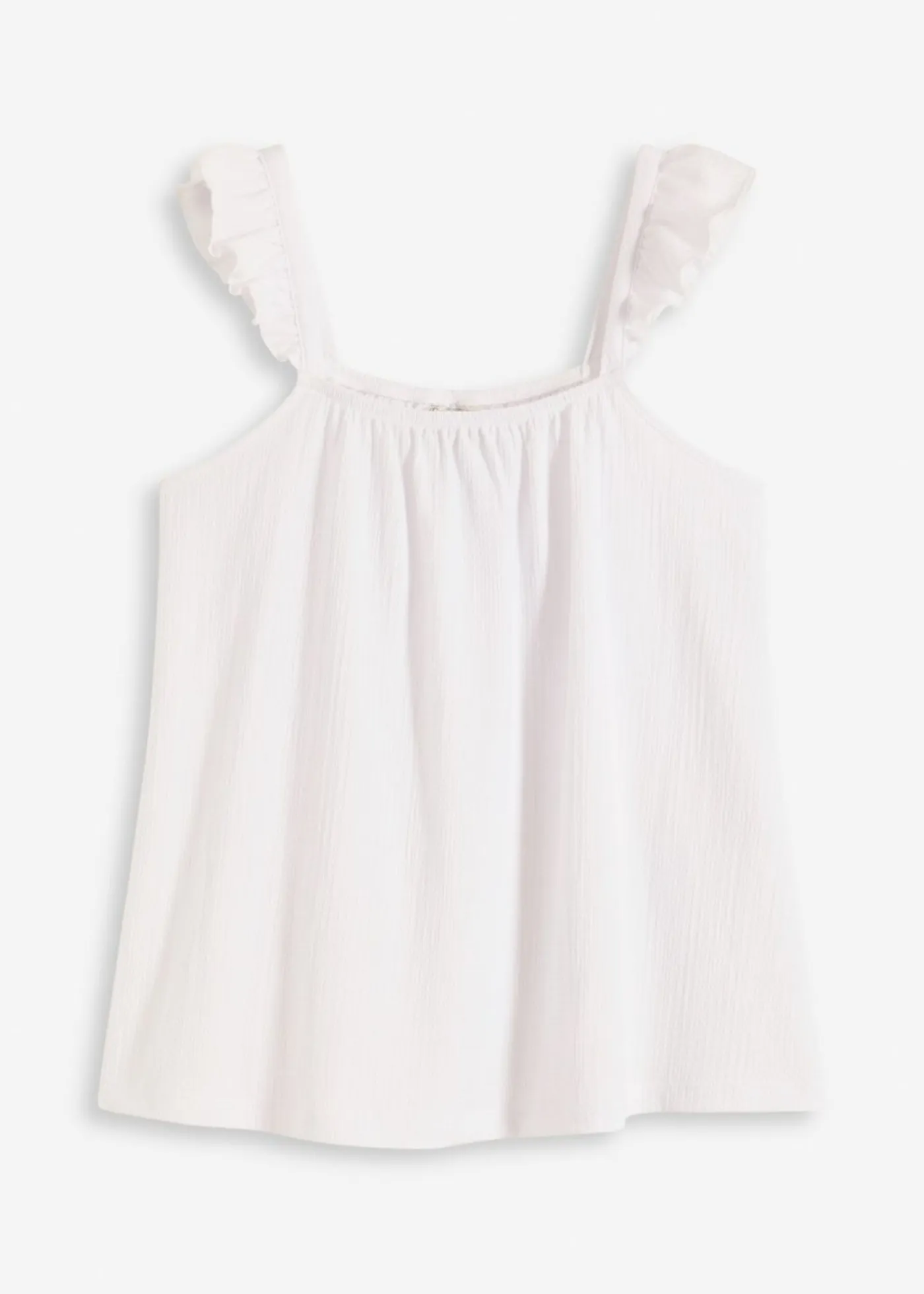 bonprix bonprix Camisetas>Top de crepé de punto con tirantes con volantes Blanco