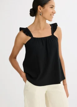 Mujer bonprix bonprix Top de crepé de punto con tirantes con volantes
