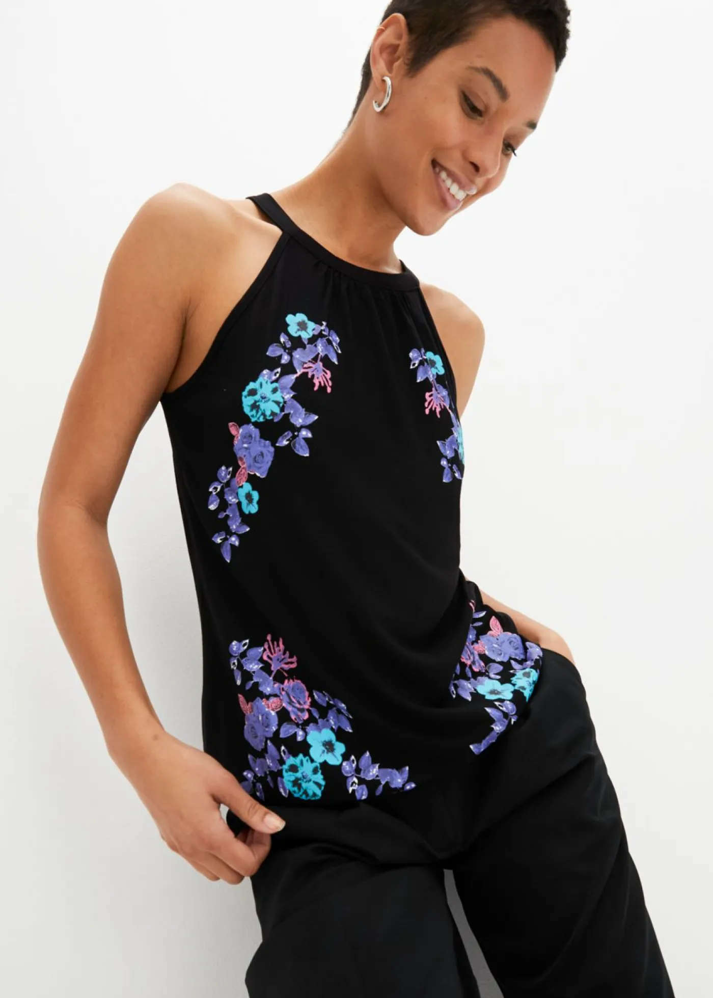 bonprix bonprix Camisetas>Top de mezcla de viscosa fluida Negro estampado