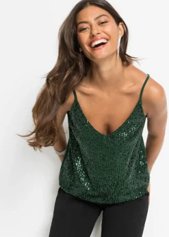 bonprix bonprix Camisetas>Top de mezcla de viscosa suave con tirantes finos y lentejuelas Verde oscuro