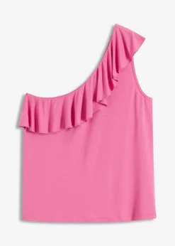 bonprix bonprix Camisetas>Top de mezcla de viscosa suave con un hombro al descubierto y volante decorativo Rosa chicle
