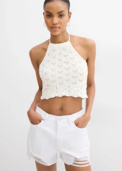 bonprix bonprix Camisetas|Ropa De Punto>Top de punto anudado al cuello Blanco lana