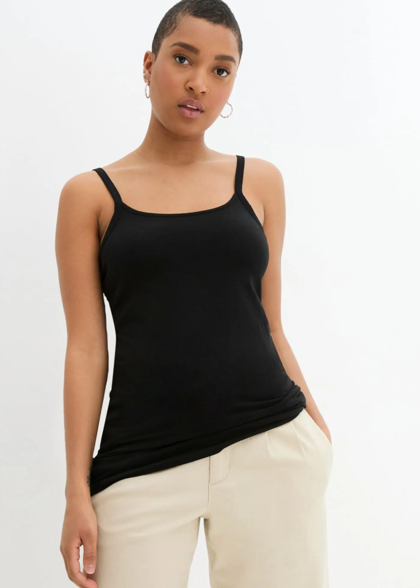 bonprix bonprix Camisetas Interiores|Básicos>Top largo con tirantes finos de algodón (2 unidades) Negro