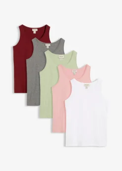 bonprix bonprix Camisetas Interiores|Básicos>Top largo de algodón orgánico puro (5 unidades) Verde pálido+rojo rubí+gris jaspeado+rosa ceniza+blanco