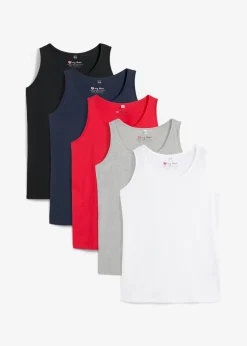 bonprix bonprix Camisetas Interiores|Básicos>Top largo de algodón orgánico puro (5 unidades) fresa+blanco+gris claro moteado+azul marino+negro