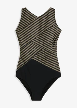bonprix bonprix Vestidos Moldeadores|Bañadores>Traje de baño con efecto moldeador medio y aspecto cruzado negro/marrón grisáceo/oro