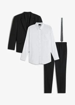 bonprix bonprix Trajes>Traje (4 piezas): americana, pantalón, camisa, corbata negro+blanco+plata