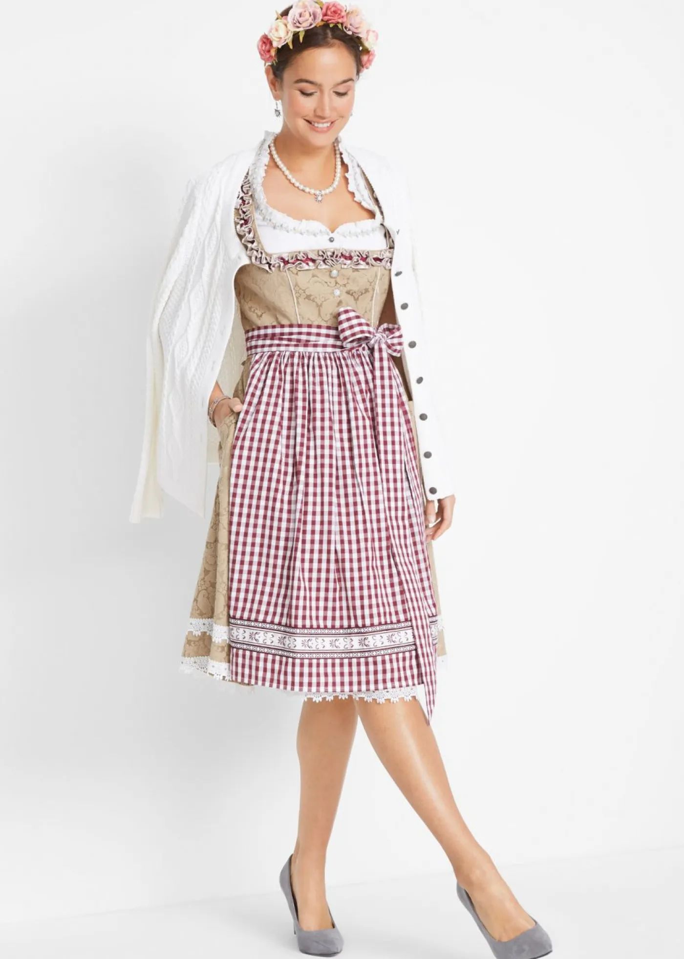 bonprix bonprix Vestidos>Traje tradicional tirolés con delantal hasta la rodilla Beige estampado