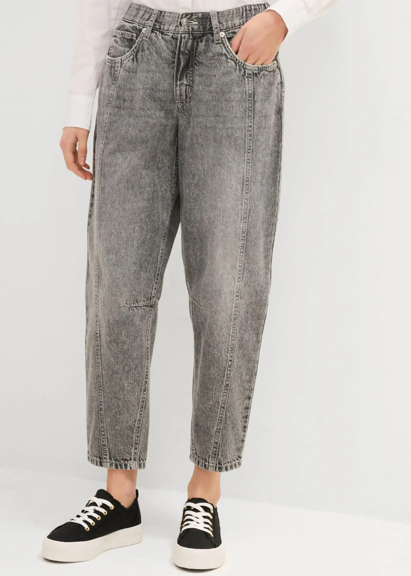 bonprix bonprix Vaqueros>Vaqueros barrel, mid waist, low stretch, cropped Denim gris claro desgastado