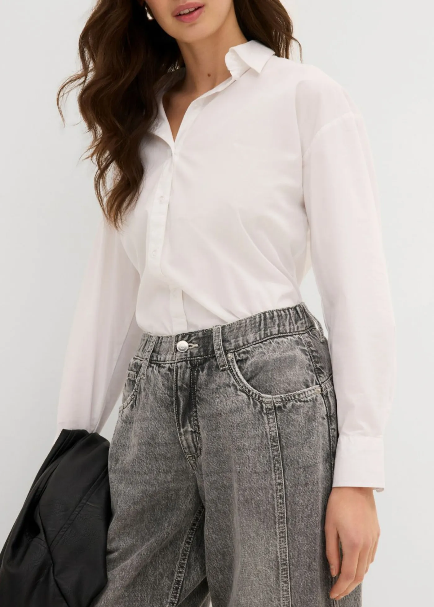 bonprix bonprix Vaqueros>Vaqueros barrel, mid waist, low stretch, cropped Denim gris claro desgastado