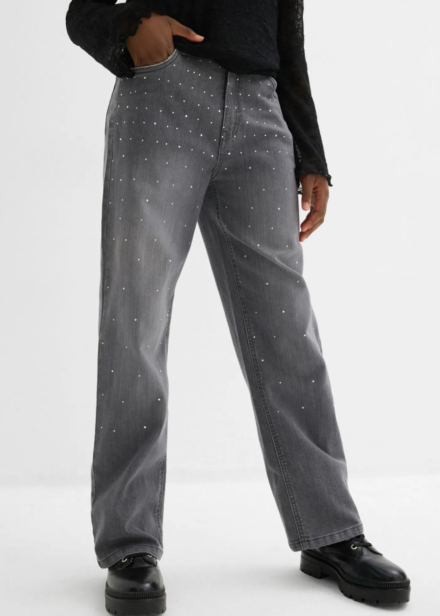 Niños bonprix bonprix Vaqueros con perneras anchas, piedras brillantes y talle medio