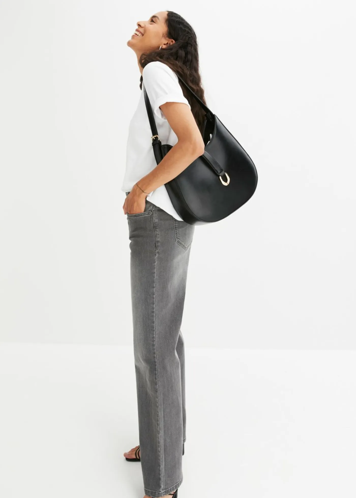 bonprix bonprix Vaqueros>Vaqueros de pernera ancha, mid waist, elástico denim gris