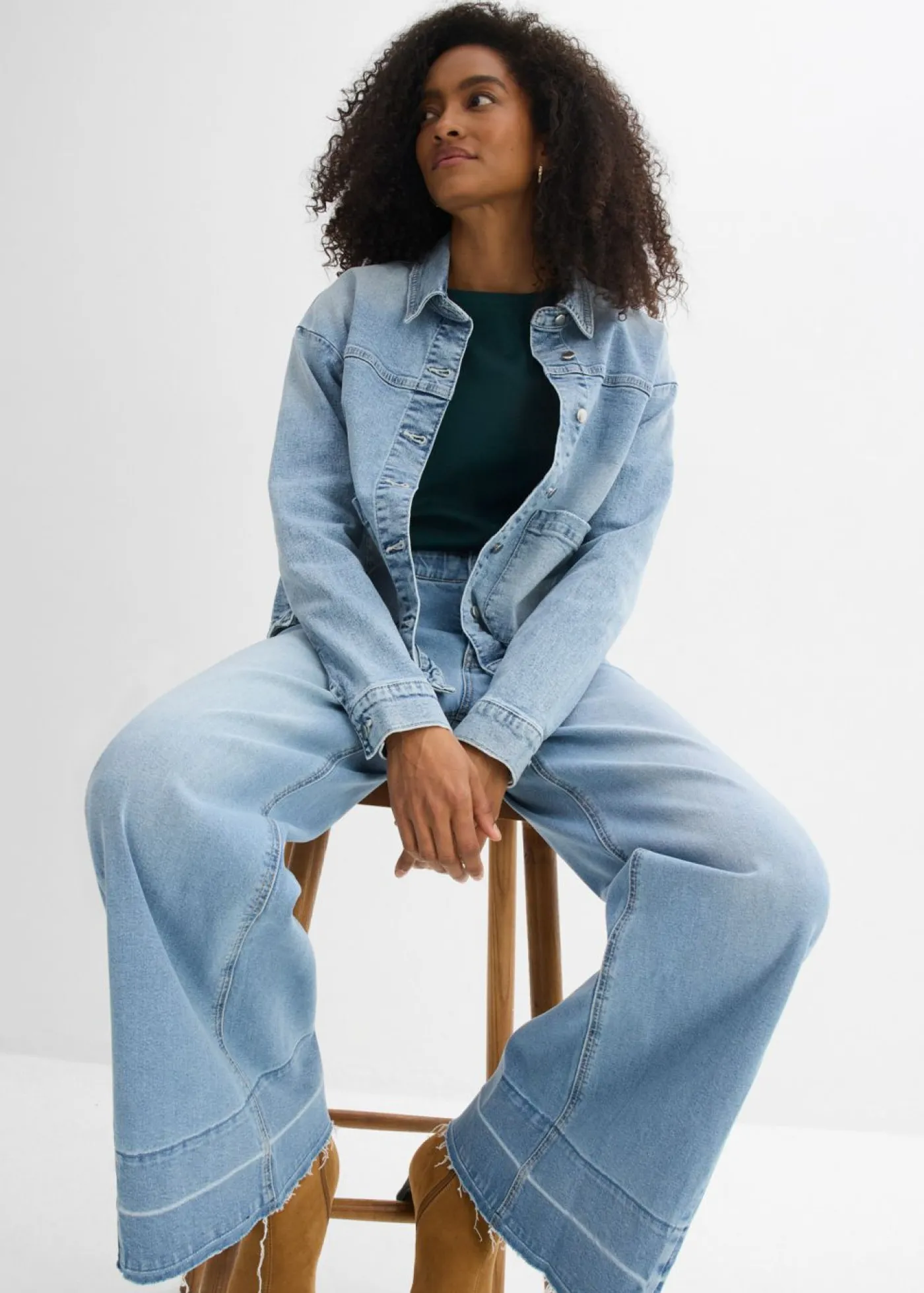 bonprix bonprix Tallas Pequeñas|Novedades>Vaqueros de pernera ancha, mid waist azul hielo denim usado