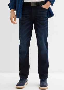 bonprix bonprix Vaqueros>Vaqueros elásticos con corte regular, cinturón y diseño recto Azul oscuro denim