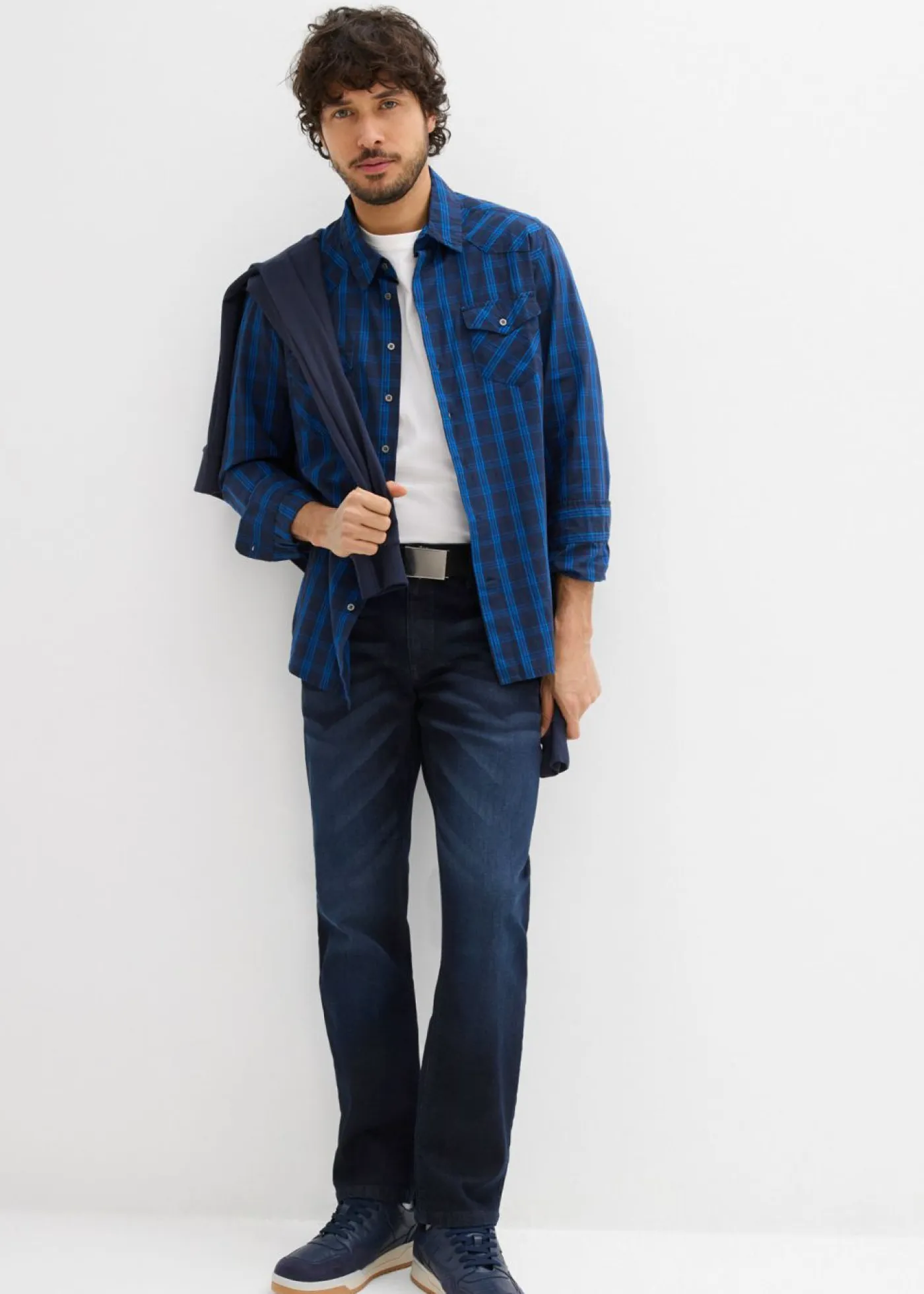 bonprix bonprix Vaqueros>Vaqueros elásticos con corte regular, cinturón y diseño recto Azul oscuro denim