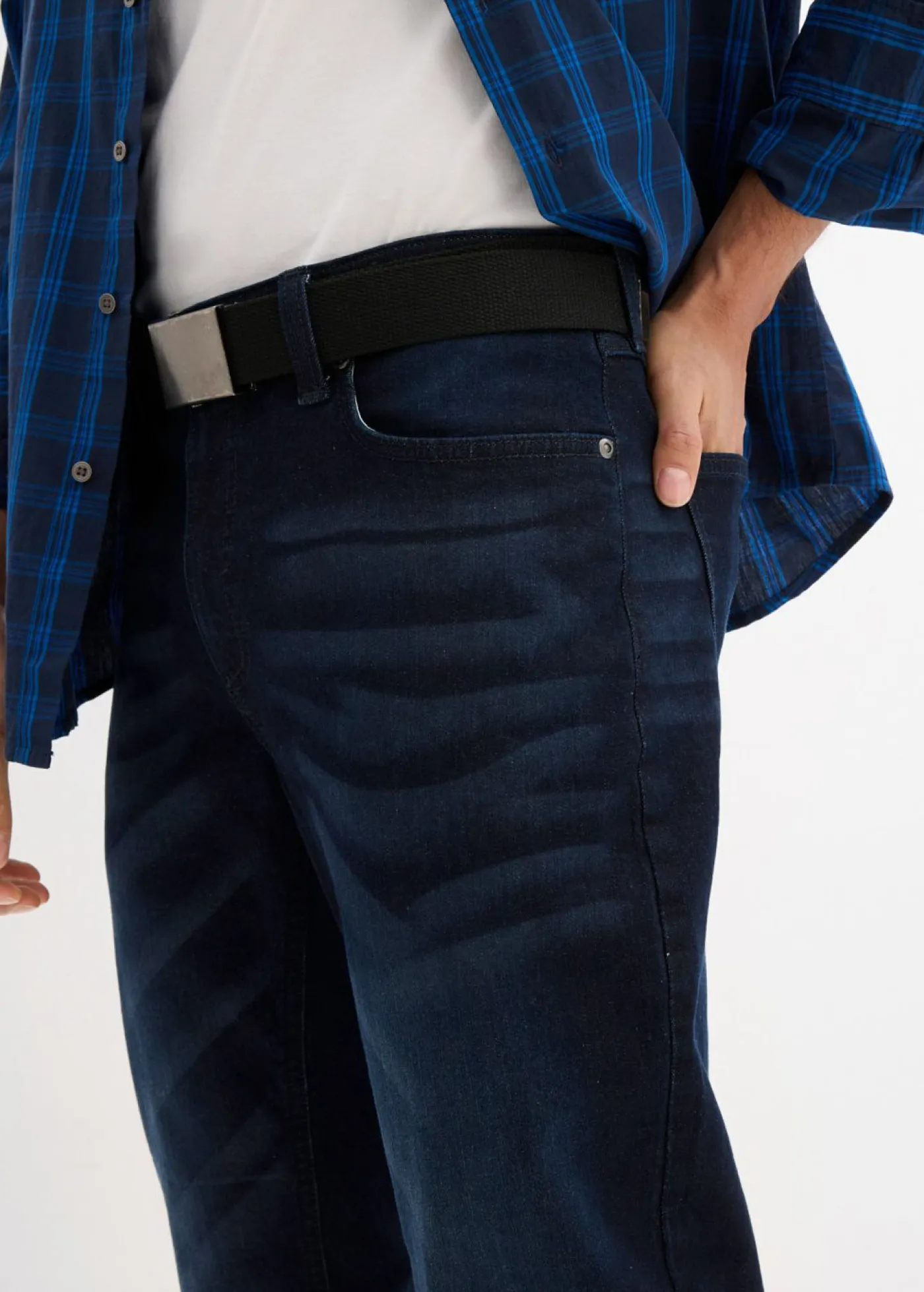 bonprix bonprix Vaqueros>Vaqueros elásticos con corte regular, cinturón y diseño recto Azul oscuro denim