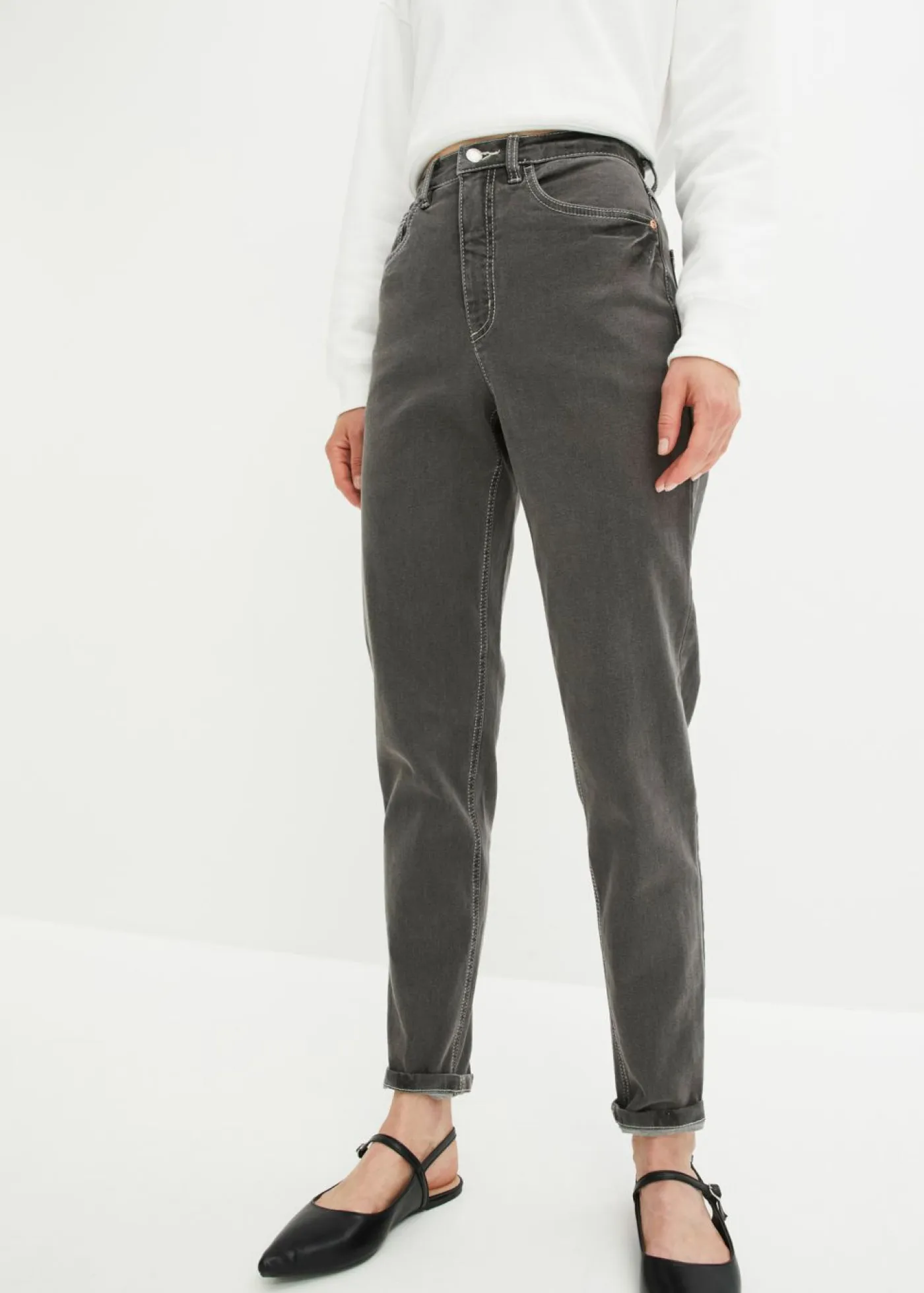 bonprix bonprix Vaqueros>Vaqueros elásticos de cintura alta y corte mom Denim gris oscuro desgastado