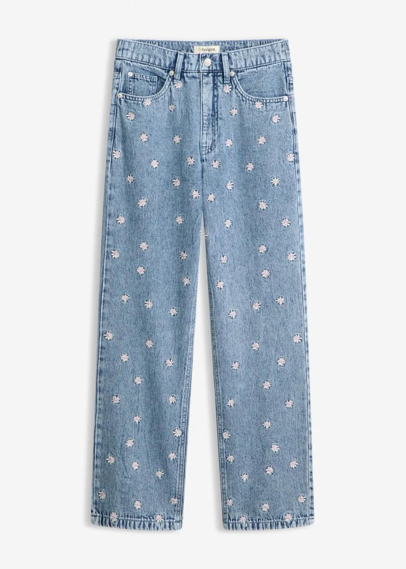 bonprix bonprix Tallas Pequeñas|Novedades>Vaqueros rectos de algodón con talle alto Denim claro desgastado