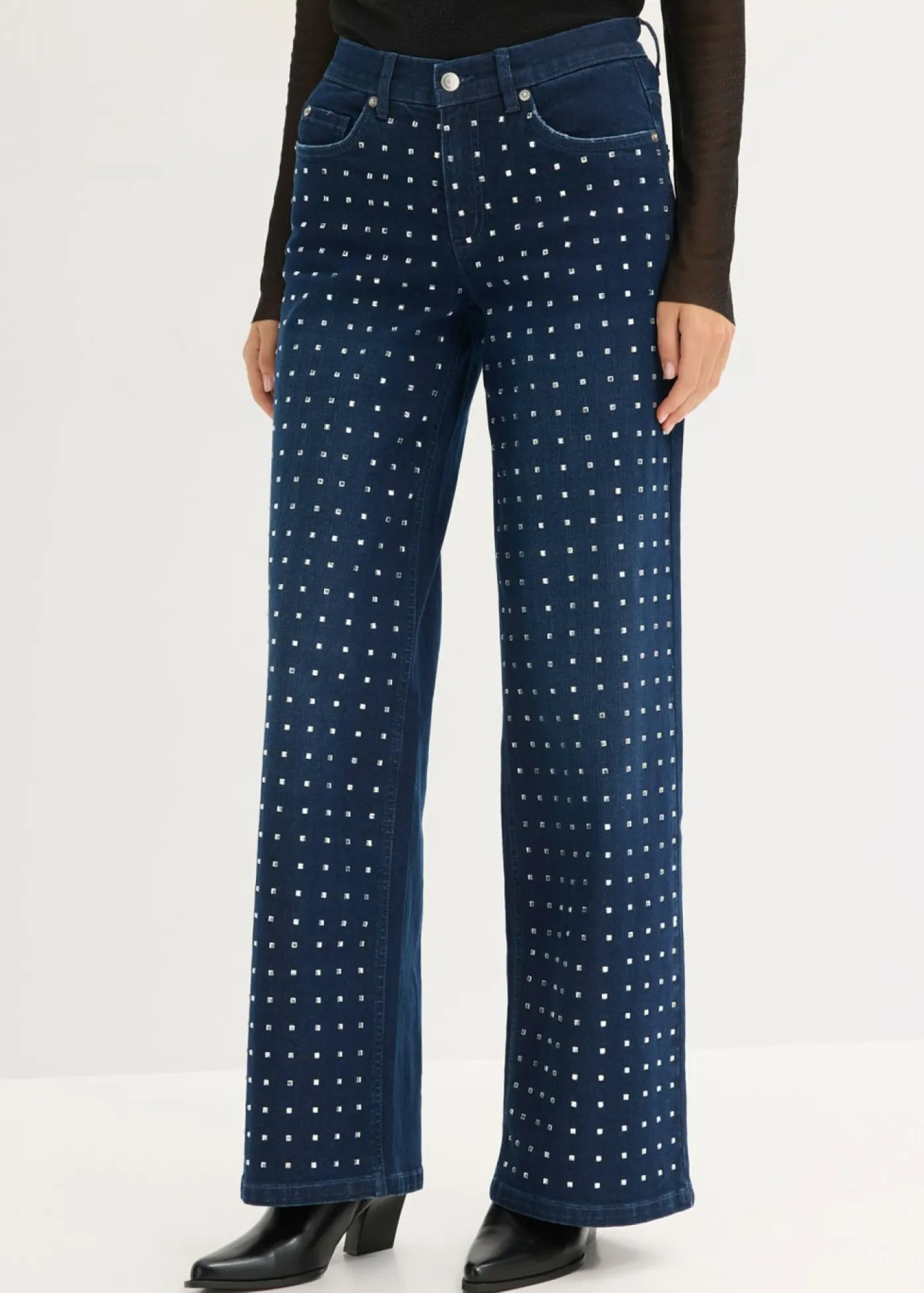 bonprix bonprix Vaqueros>Vaqueros rectos de talle medio con aplicación de piedras brillantes Denim metalizado