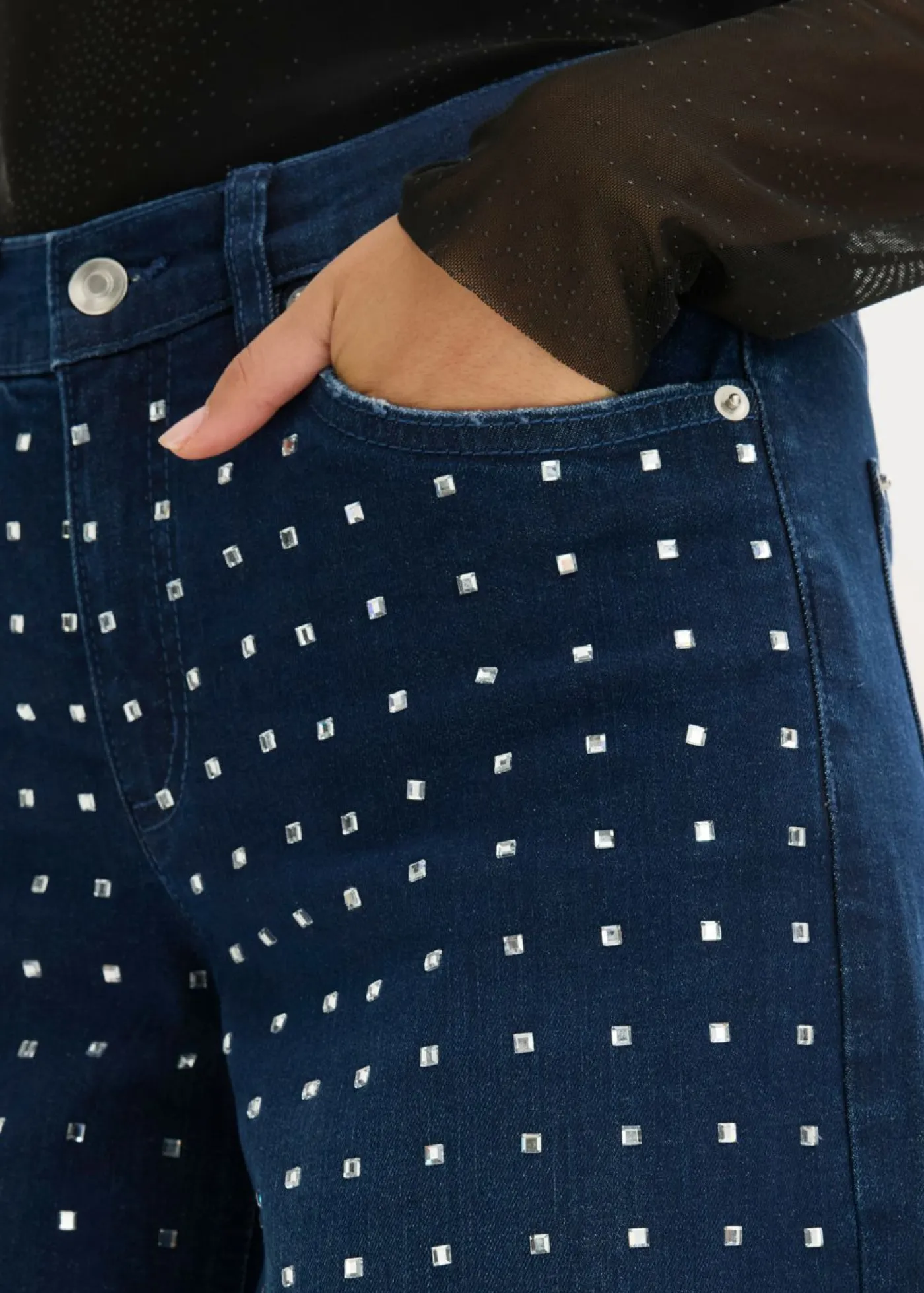 bonprix bonprix Vaqueros>Vaqueros rectos de talle medio con aplicación de piedras brillantes Denim metalizado