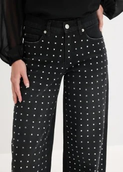 Mujer bonprix bonprix Vaqueros rectos de talle medio con aplicación de piedras brillantes